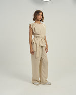 Women's Linen-Blend Draped Top with Waist Tie Light Beige