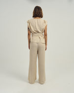 Women's Linen-Blend Draped Top with Waist Tie Light Beige