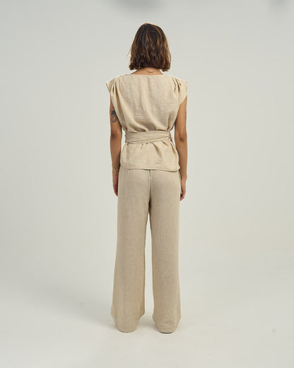 Women's Linen-Blend Draped Top with Waist Tie Light Beige