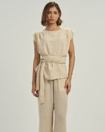 Women's Linen-Blend Draped Top with Waist Tie Light Beige