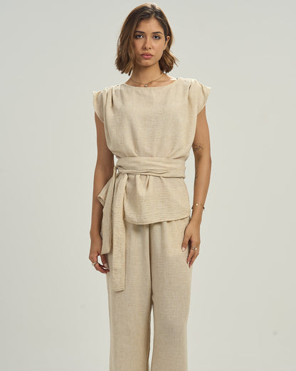 Women's Linen-Blend Draped Top with Waist Tie Light Beige