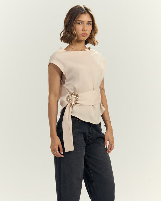 Women’s Satin blouse with Sculptural Gold Buckle Beige