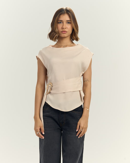 Women’s Satin blouse with Sculptural Gold Buckle Beige