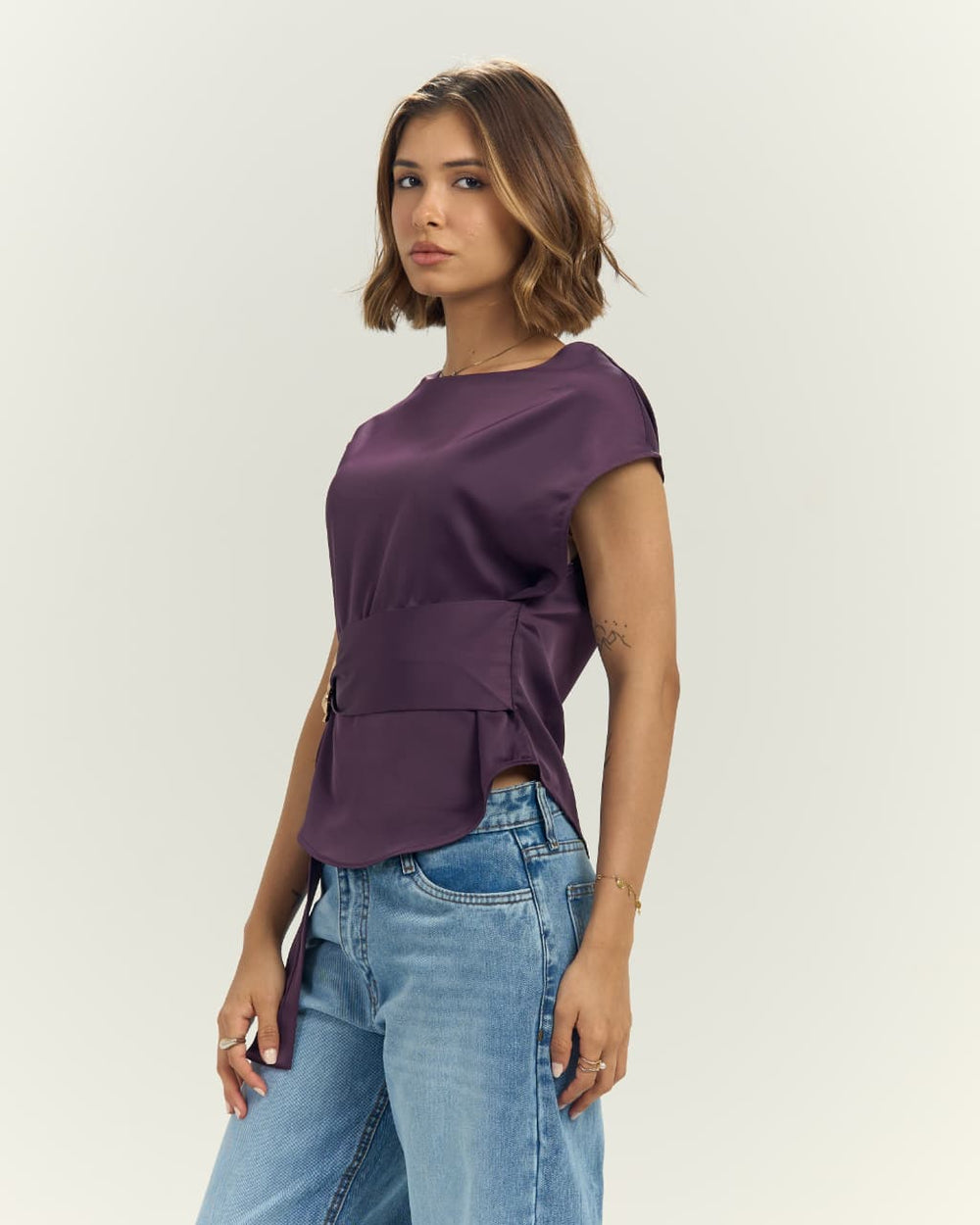 Women’s Satin blouse with Sculptural Gold Buckle Purple