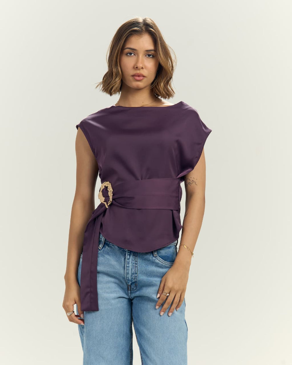 Women’s Satin blouse with Sculptural Gold Buckle Purple