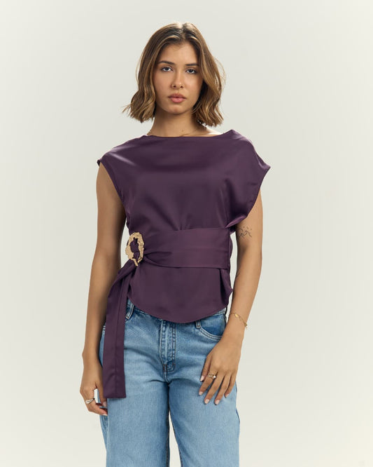 Women’s Satin blouse with Sculptural Gold Buckle Purple
