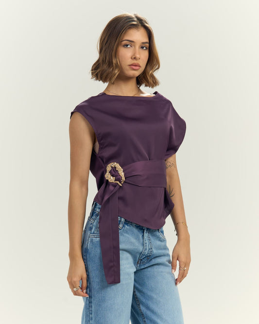 Women’s Satin blouse with Sculptural Gold Buckle Purple