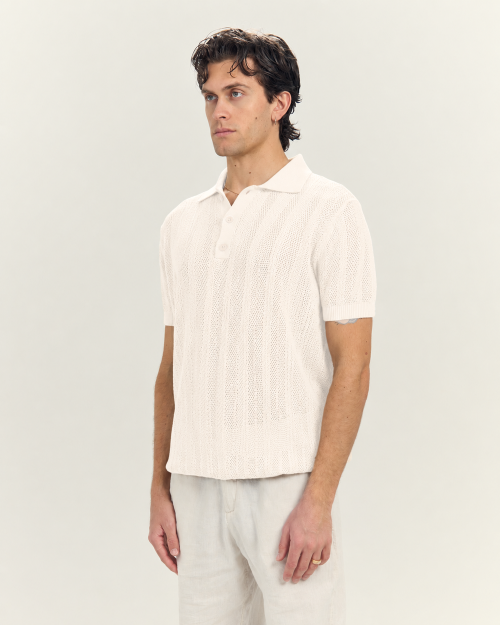 Midnight Mesh Knit Polo In Off White